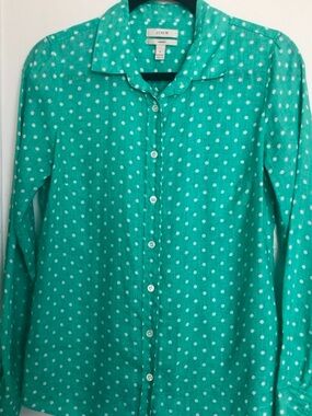 J. CREW 100% Linen Mint Aqua Green White Polka Dot “Perfect” Button Down EUC